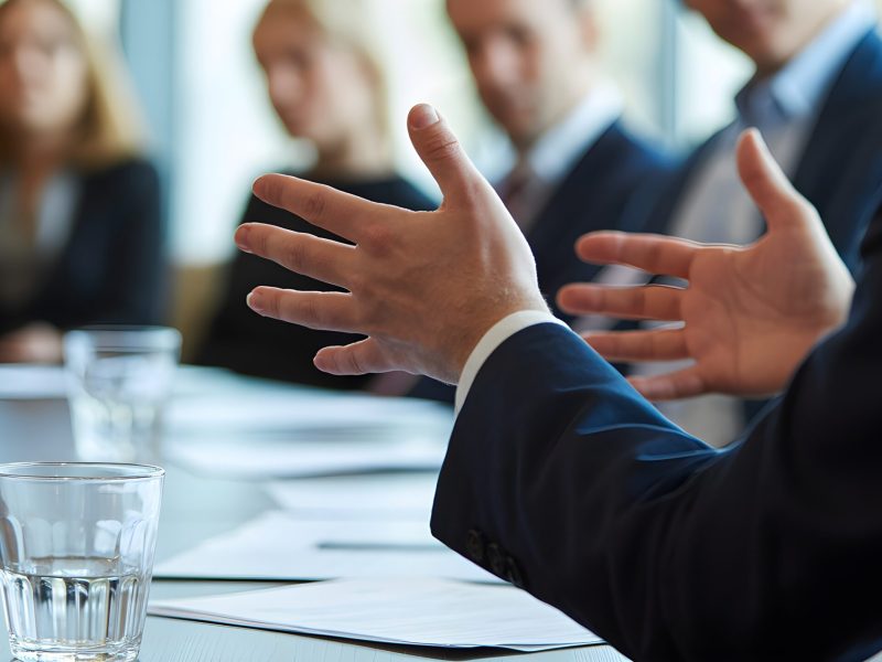 Business leader gesturing during boardroom coaching session with executive team around table, symbolizing leadership development and strategic guidance.