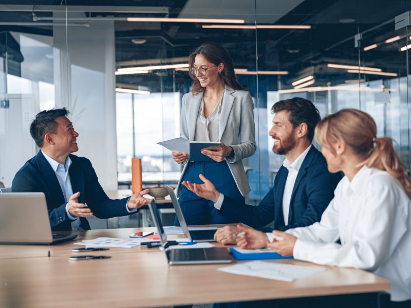 A group of business people partners during a set team meeting in the modern office.High quality